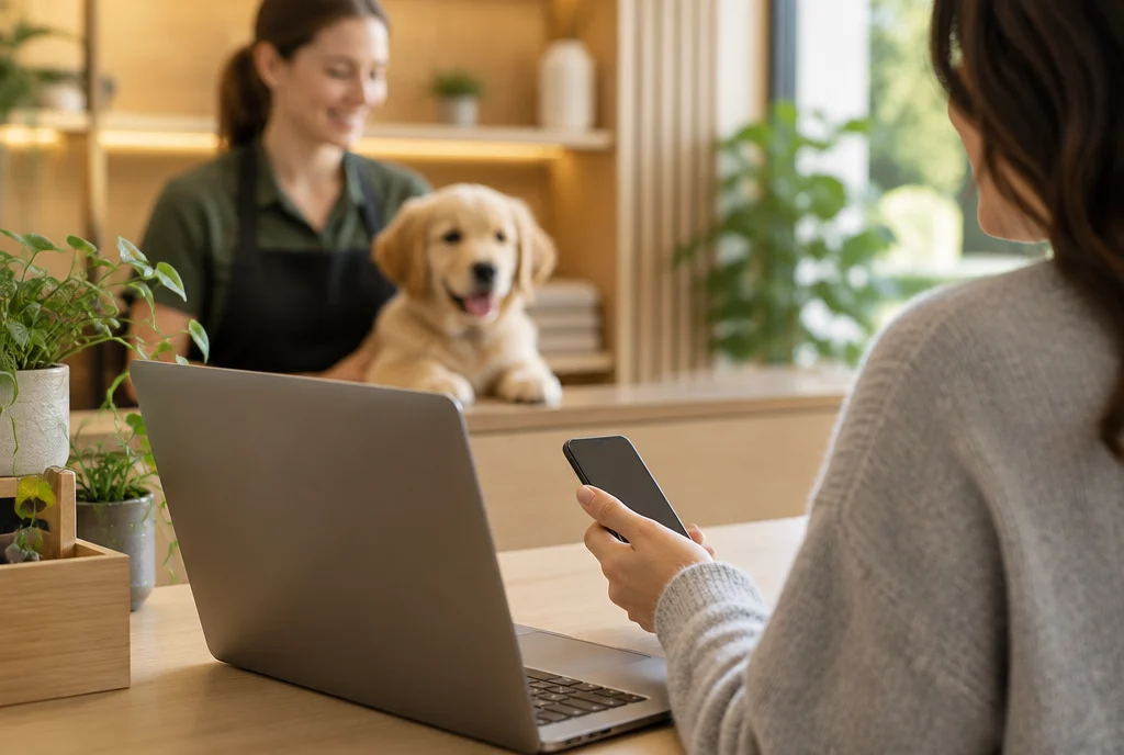 Laptop și telefon pe același blat, într-un pet hotel