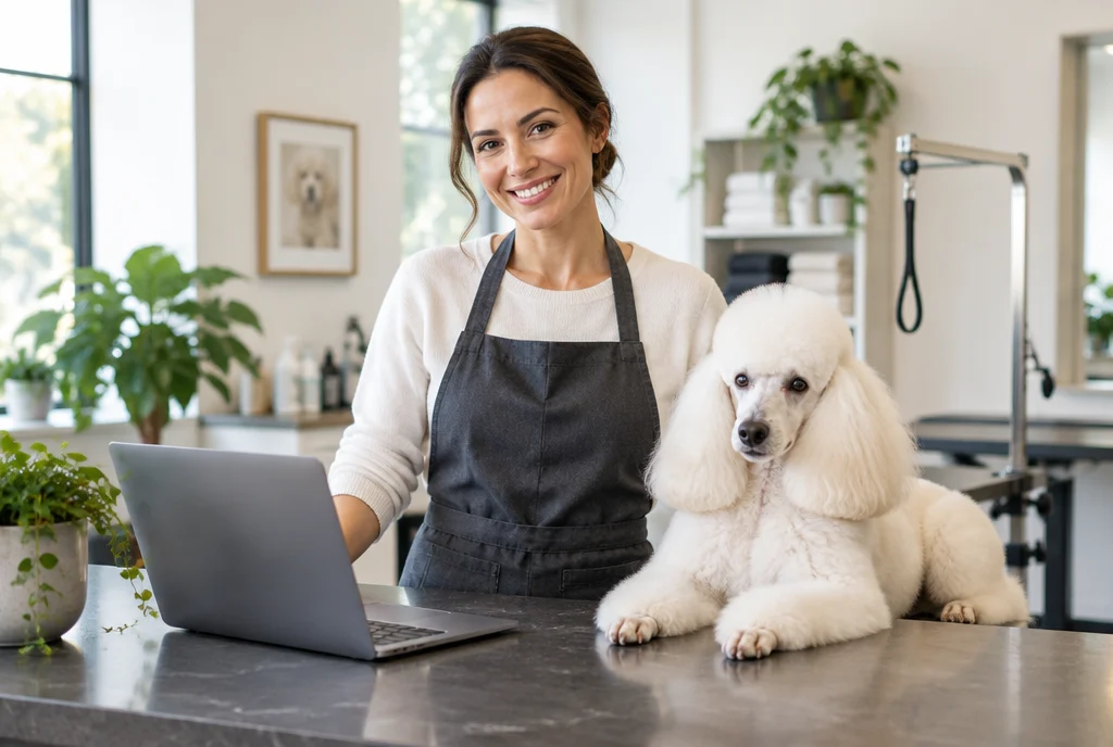 Proprietara unui salon de grooming lângă laptop, cu un pudel alb pe blat