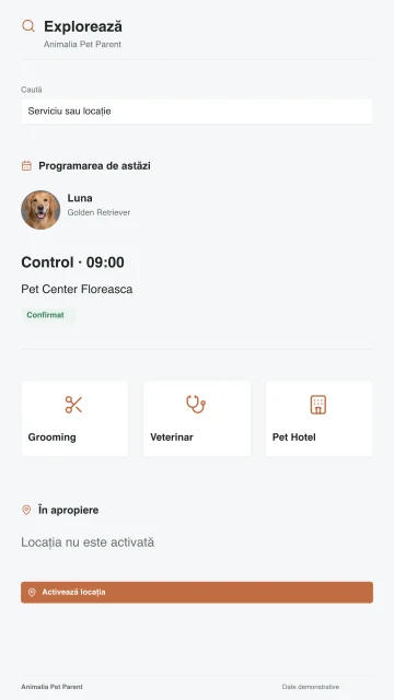 Ecranul Explorează din Animalia Booking, cu programarea de azi și modulele.