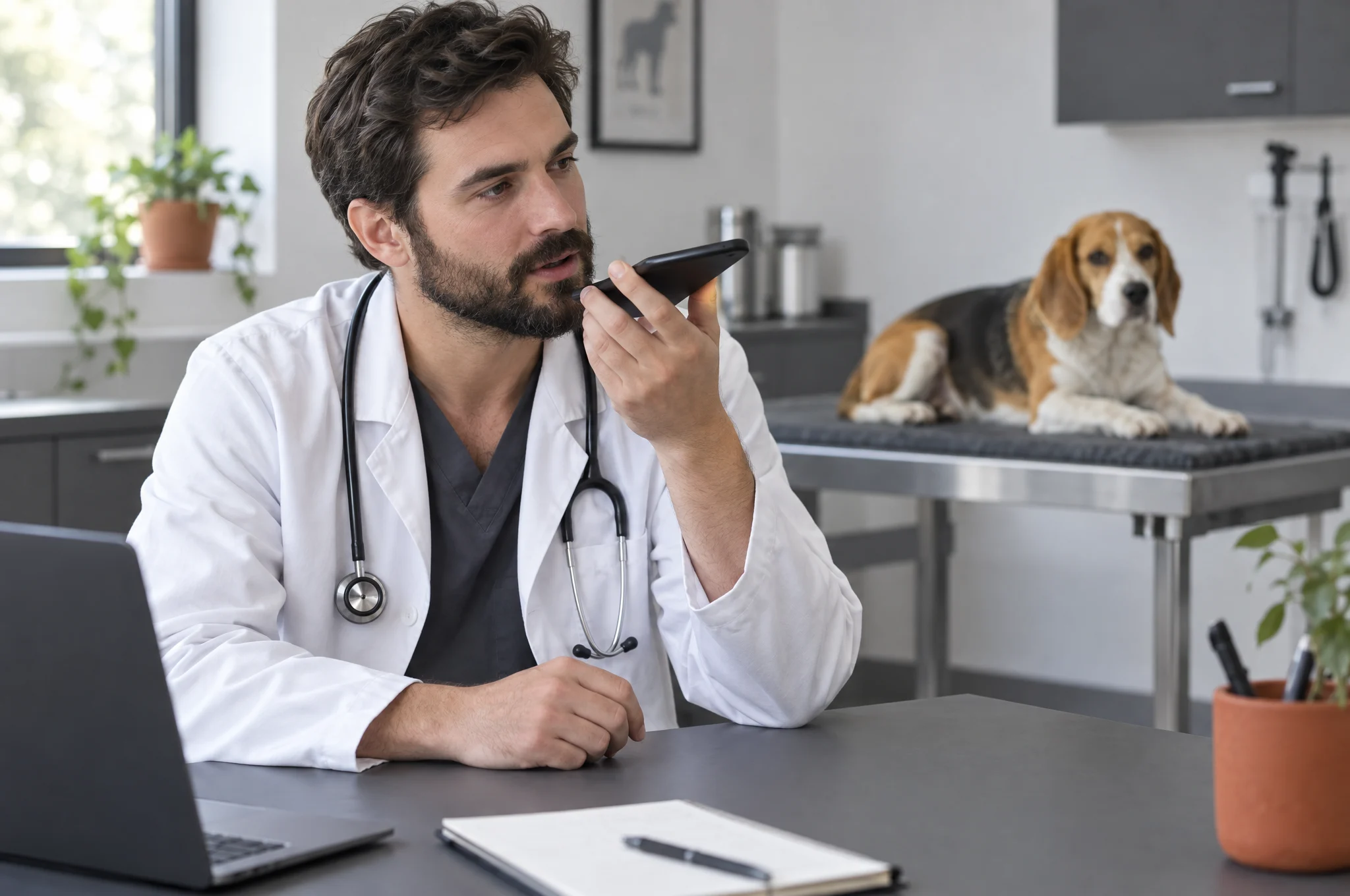 Medic veterinar care vorbește la telefon, la biroul lui, cu un beagle în spate